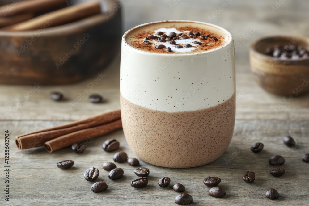 Deliciously Crafted Coffee Beverage with Rich Cream, Cocoa Powder, and Coffee Beans Surrounded by Cinnamon Sticks and Wooden Bowls on Rustic Wooden Table Deliciously Crafted Coffee Beverage with Rich Cream, Cocoa Powder, and Coffee Beans Surrounded by Cinnamon Sticks and Wooden Bowls on Rustic Wooden Table