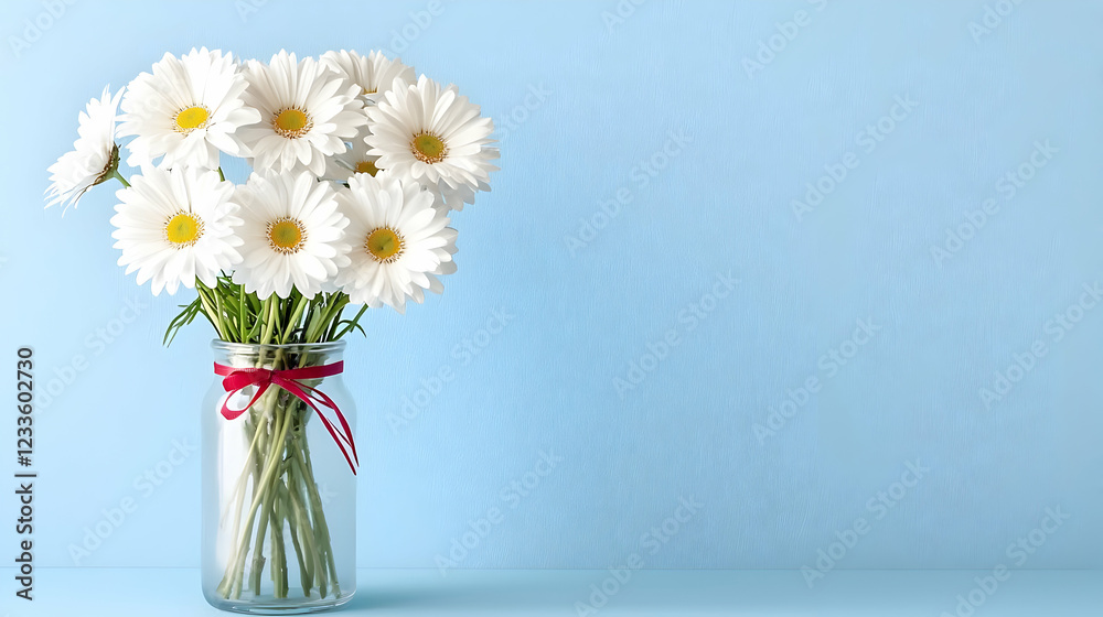 Fototapeta premium White daisies in glass jar, blue background, copy space, greeting card