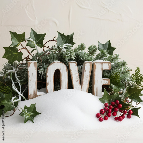 A Christmas tree toy in the form of a heart hangs on a branch covered with snow.