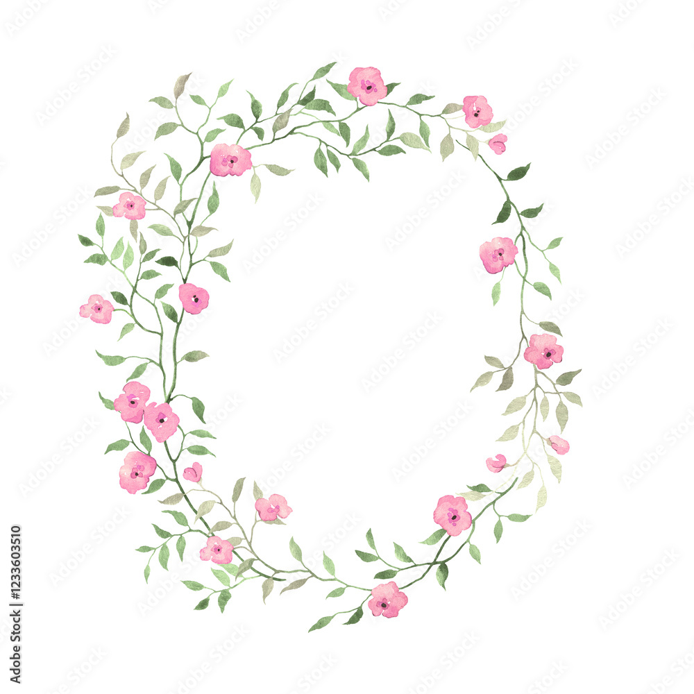 Watercolor frame of delicate branches with green leaves and pink flowers, isolated wreath for invitation or greeting cards, cover or floral background, hand painting decorative composition. Watercolor frame of delicate branches with green leaves and pink flowers, isolated wreath for invitation or greeting cards, cover or floral background, hand painting decorative composition.