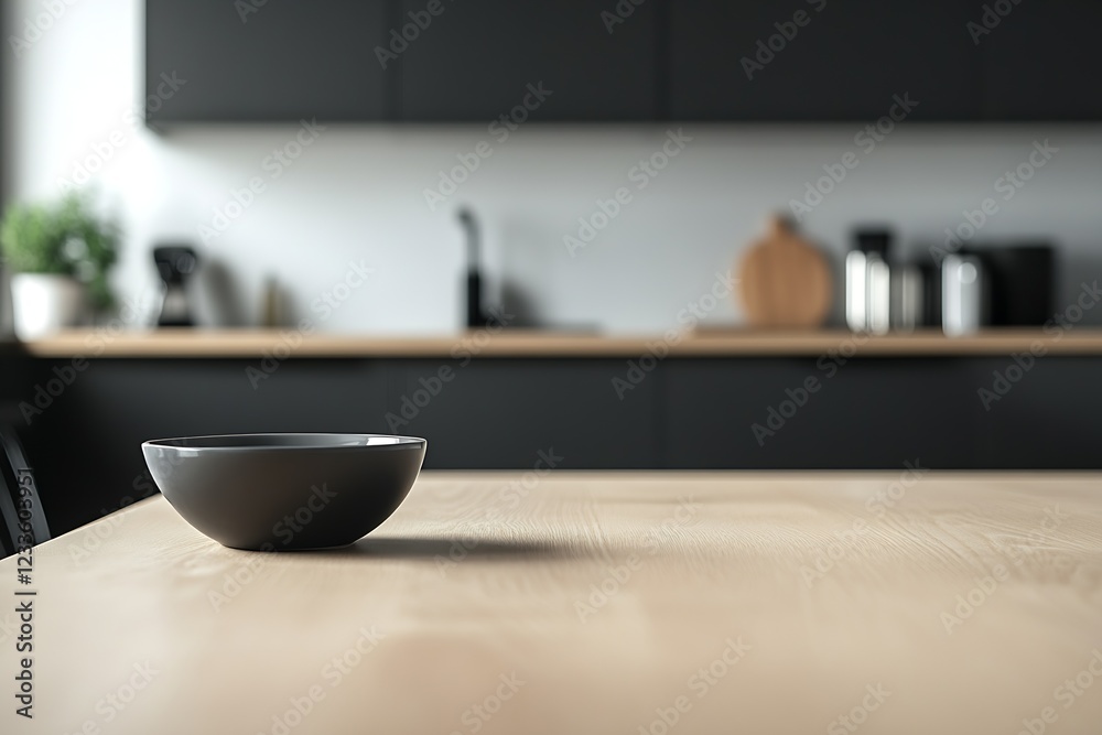 Modern Minimalist Kitchen Design with Black and Wood Accents Focus on Ceramic Bowl : Generative AI Modern Minimalist Kitchen Design with Black and Wood Accents Focus on Ceramic Bowl : Generative AI