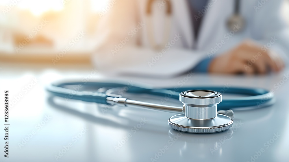 Professional stethoscope on doctor's desk in a hospital setting with a warm glow : Generative AI Professional stethoscope on doctor's desk in a hospital setting with a warm glow : Generative AI