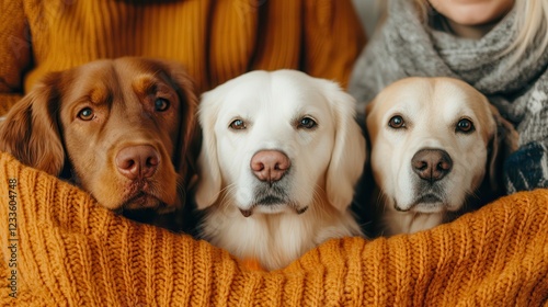 Pet-friendly travel offers joyful journeys and outdoor adventures. Three dogs nestled in cozy sweaters, looking adorable and content. photo