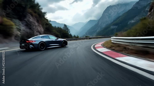 Black sports car drifting on a mountain road with blurred motion.