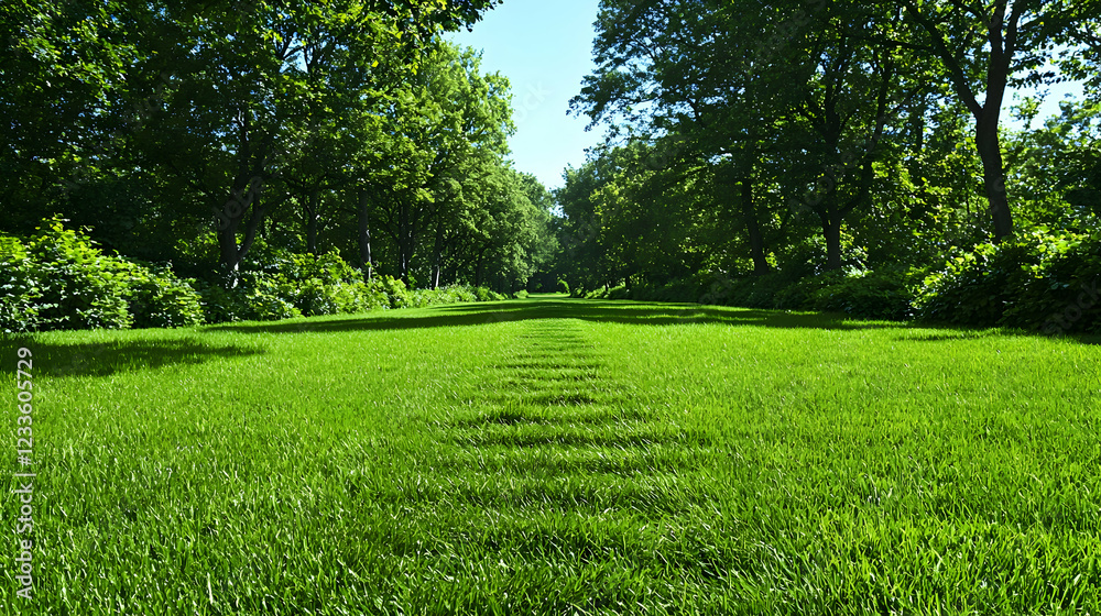 Sunlit park path, green grass, lush trees, summer day, nature scene Sunlit park path, green grass, lush trees, summer day, nature scene