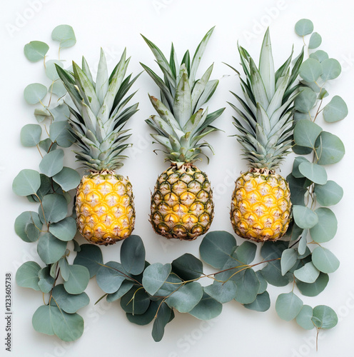 close up picture of pineapples and eucalyptus, for ad, white background, close up, lots of white space surrounding photo