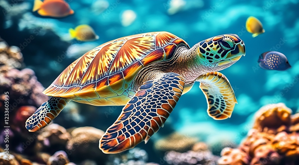 Fototapeta premium Vibrant Sea Turtle Swimming Amidst Colorful Coral Reef and Tropical Fish : Generative AI