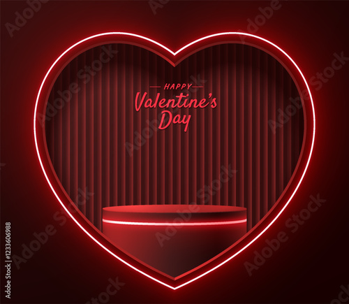 3D black round podium background in heart window with pink neon light, Valentine theme. Abstract composition minimalist design. Studio display showroom product pedestal, Stage showcase mockup scene.