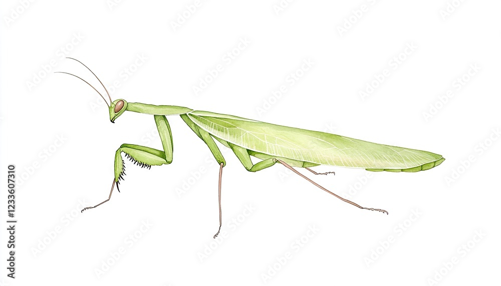 Detailed illustration of a green praying mantis in a natural pose, showcasing its unique anatomy Detailed illustration of a green praying mantis in a natural pose, showcasing its unique anatomy