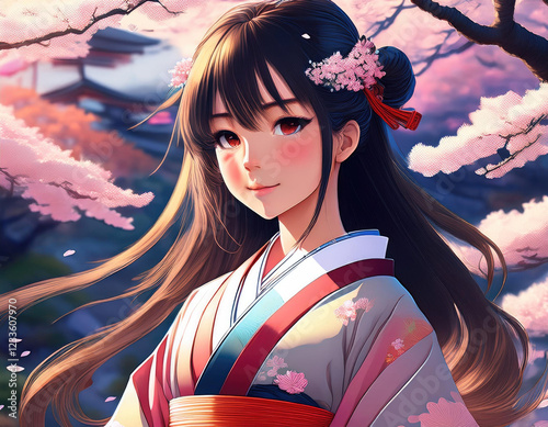 A beautiful anime girl in a Japanese kimono stands among cherry blossoms wearing long flowing hair photo