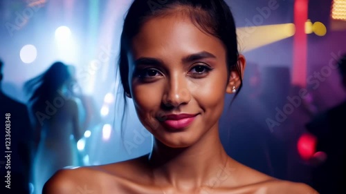 Young beautiful woman dancing sensually in a night club. Close-up portrait. A vibrant shot of the dancer, embodying the energy of the nightclub.