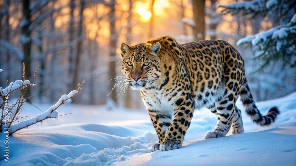 Majestic Amur leopard prowling through the deep snow-covered forest at dawn, fur, animal, fur, animal, hunting Majestic Amur leopard prowling through the deep snow-covered forest at dawn, fur, animal, fur, animal, hunting