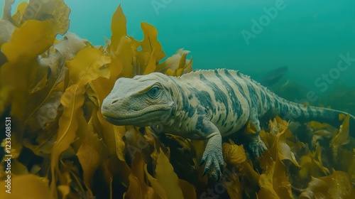 Striped Lizard Swimming Gracefully Through Vibrant Kelp Forest Underwater Scene photo