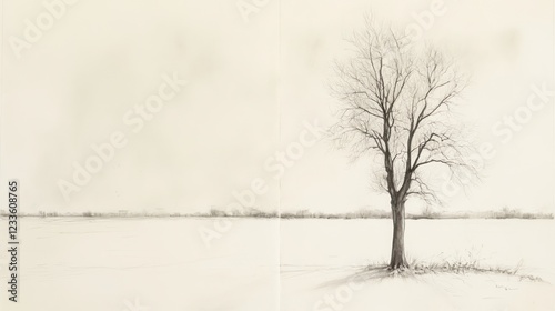 Solitary winter tree in snowy field; peaceful landscape; nature art