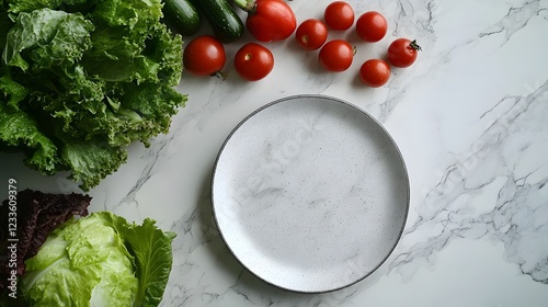 Fresh raw greens, vegetables and grains over light grey marble kitchen countertop, wtite ceramic plate in center
 photo