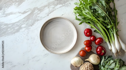 Fresh raw greens, vegetables and grains over light grey marble kitchen countertop, wtite ceramic plate in center
 photo