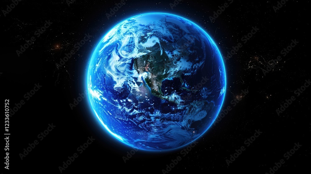 Fototapeta premium Earth from Space: A breathtaking view of planet Earth, showcasing its vibrant blue oceans, swirling clouds, and continents, set against the inky blackness of space. 