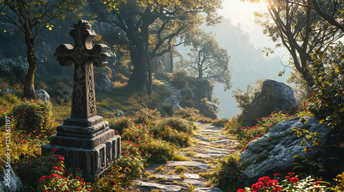 Jesus Christ Cross In Forest Christmas Background