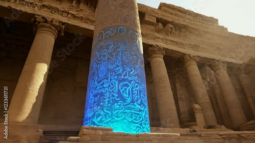 A column with strange glowing ancient writings in the middle of an abandoned temple in the desert. A column with strange glowing texts captivates in the temple ruins.