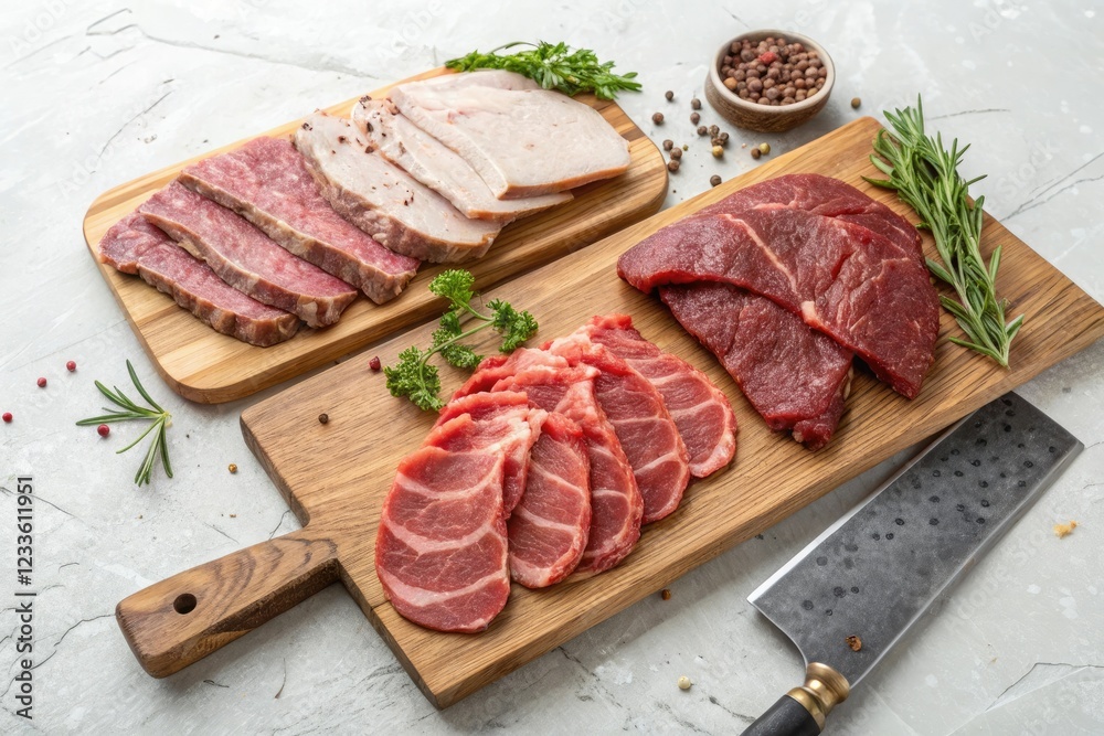 Sliced meats and steaks arranged on a wooden cutting board with a meat cleaver nearby, butcher shop equipment, food preparation Sliced meats and steaks arranged on a wooden cutting board with a meat cleaver nearby, butcher shop equipment, food preparation
