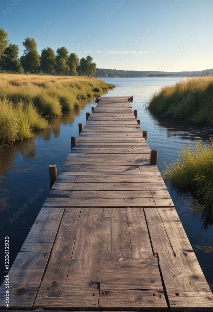 Fototapeta premium Scenic wooden walkway along the riverbank under a clear blue sky, waterfront, nature