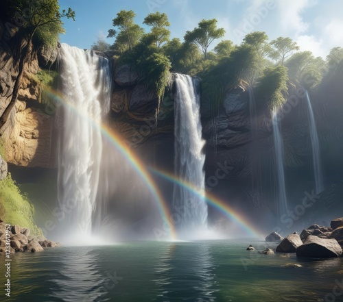 Scenic waterfall with rainbow over misty water, magical, beautiful