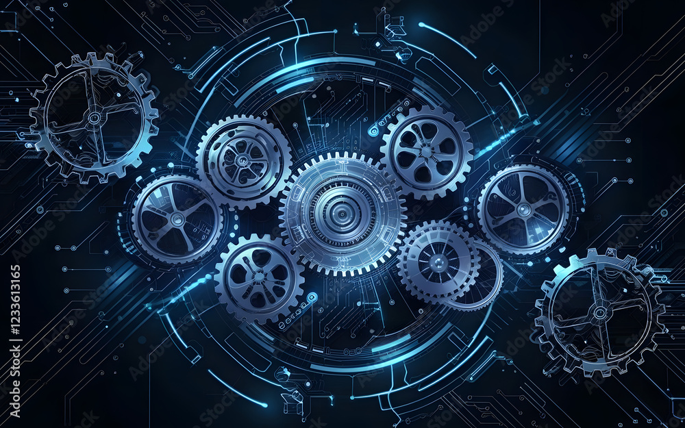 Interlocking Gears of Innovation: A mesmerizing abstract image depicting a network of metallic gears interlocked in perfect synchronization, set against a backdrop of glowing blue circuit lines. Interlocking Gears of Innovation: A mesmerizing abstract image depicting a network of metallic gears interlocked in perfect synchronization, set against a backdrop of glowing blue circuit lines.