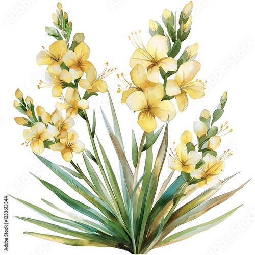 Watercolor Yucca Isolated on White Background. Beautiful Yucca Flower