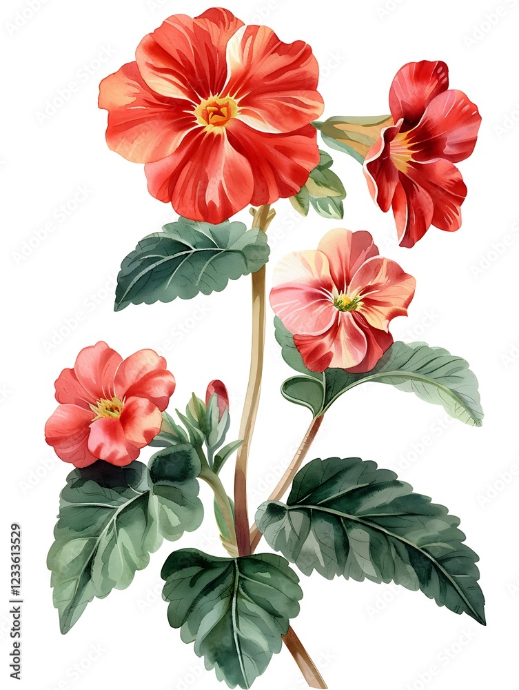 Fototapeta premium Watercolor Red Primrose Isolated on White Background. Beautiful Primrose Flower