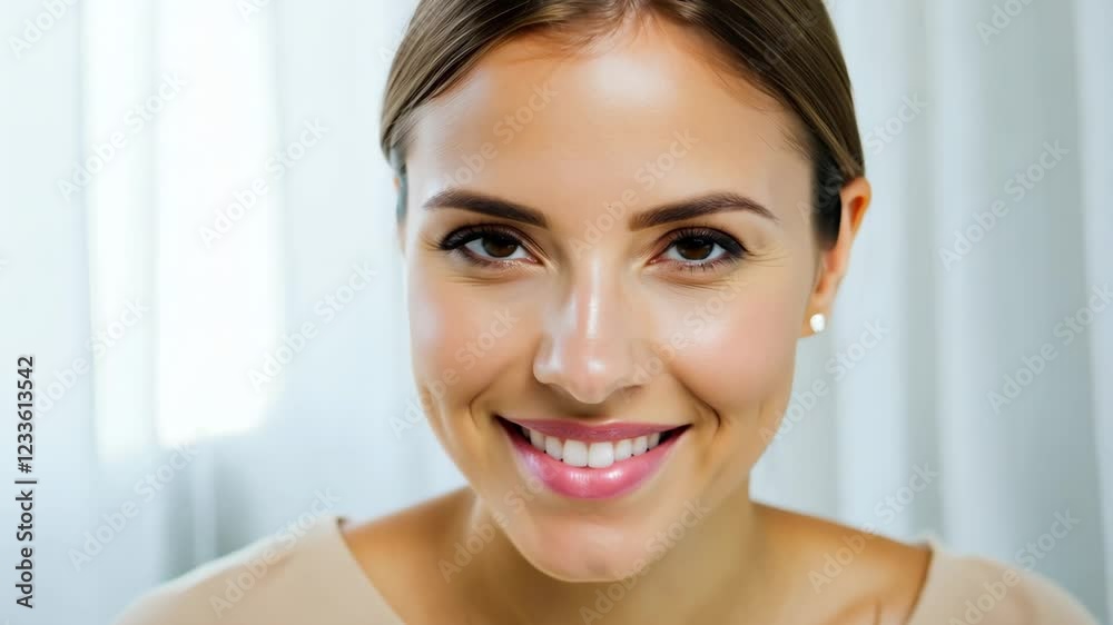 Cinematic Minimalist Portrait of a Smiling Woman in a Light Top Cinematic Minimalist Portrait of a Smiling Woman in a Light Top