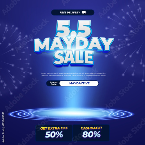 5.5 mayday Shopping Sale discount deals Editable text effect comic with mix Blue gradient Showcase spiral portal neon blue light promotional banner 