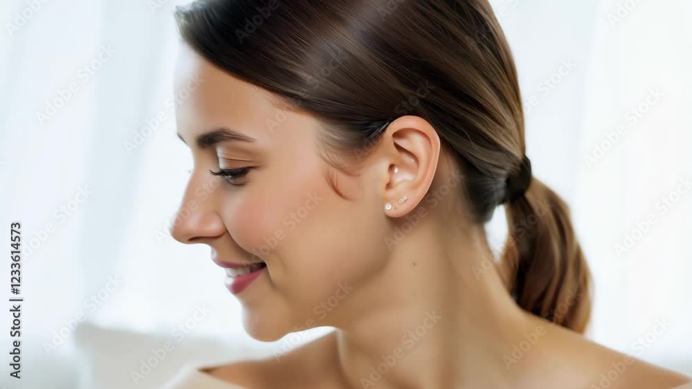Cinematic Minimalist Portrait of a Smiling Woman in a Light Top Cinematic Minimalist Portrait of a Smiling Woman in a Light Top