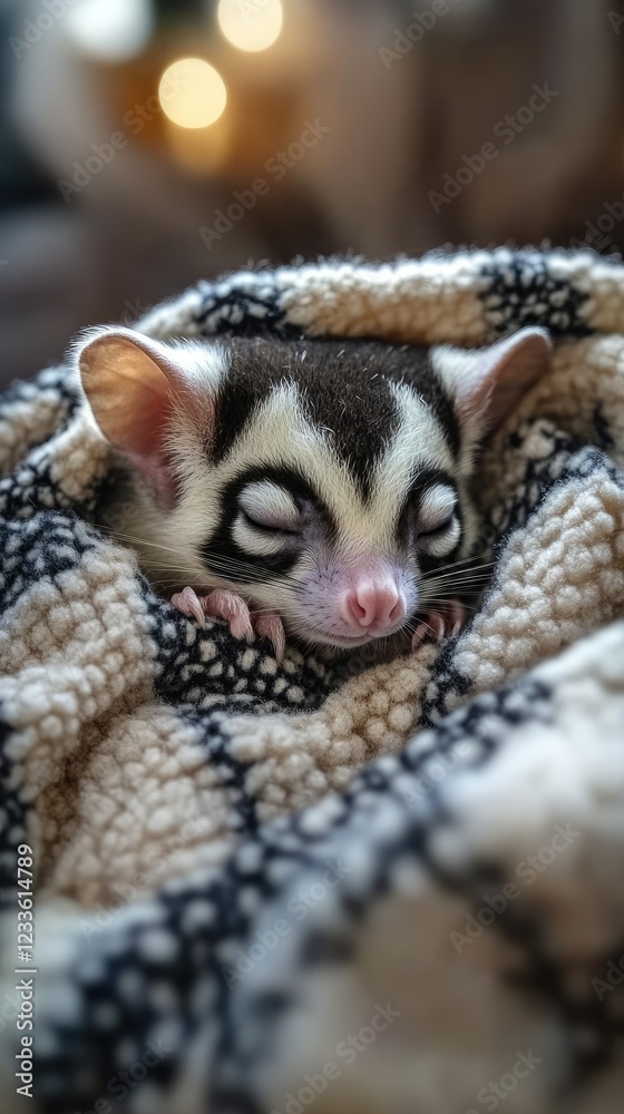 Naklejka premium Adorable Sugar Glider Snuggled in a Soft, Cozy Blanket for Ultimate Cuteness