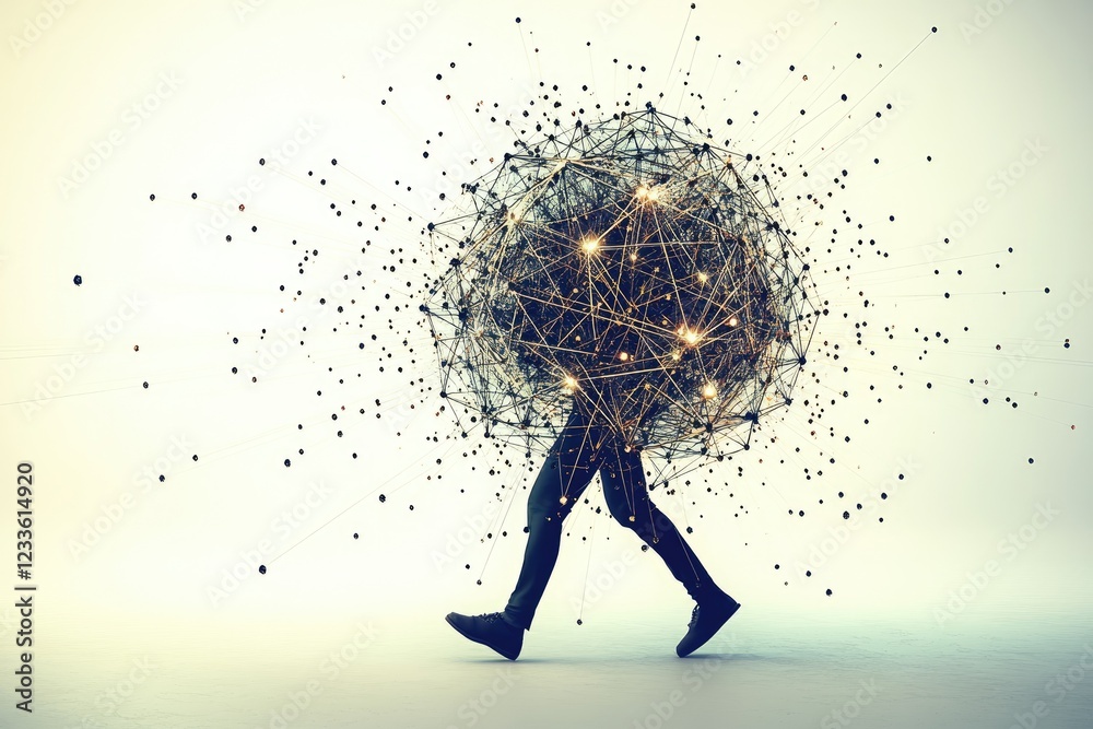 Fototapeta premium Man carries data sphere, walking, digital network, light background, concept illustration