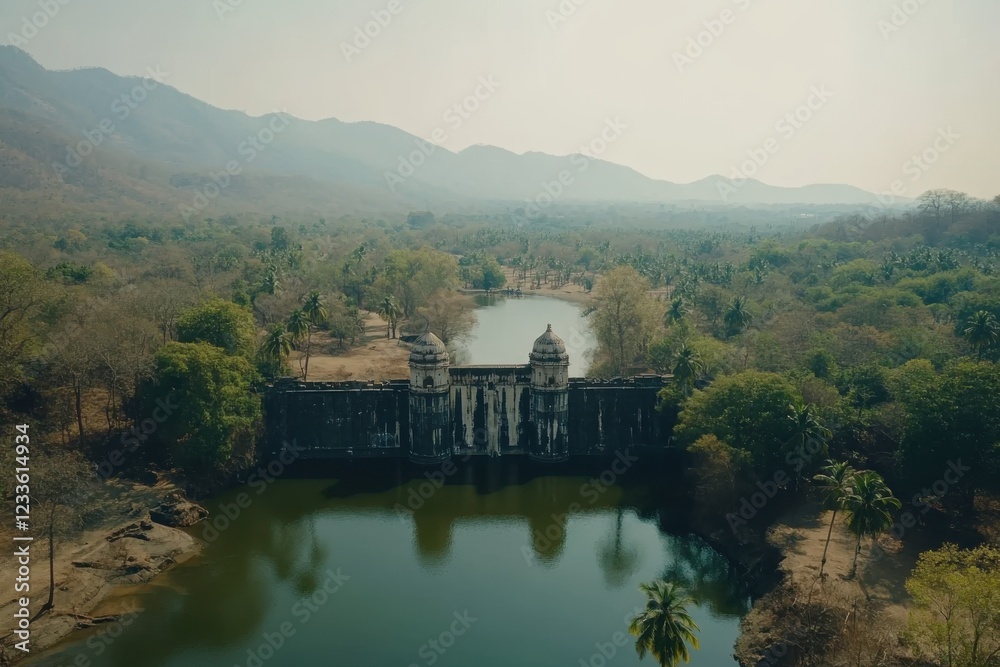Expansive Aerial View of Ancient Ruins Surrounded by Lush Greenery and Reflective Water in a Serene Natural Landscape Expansive Aerial View of Ancient Ruins Surrounded by Lush Greenery and Reflective Water in a Serene Natural Landscape
