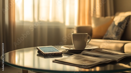 Morning Comfort in a Cozy Living Room with Coffee and Device : Generative AI