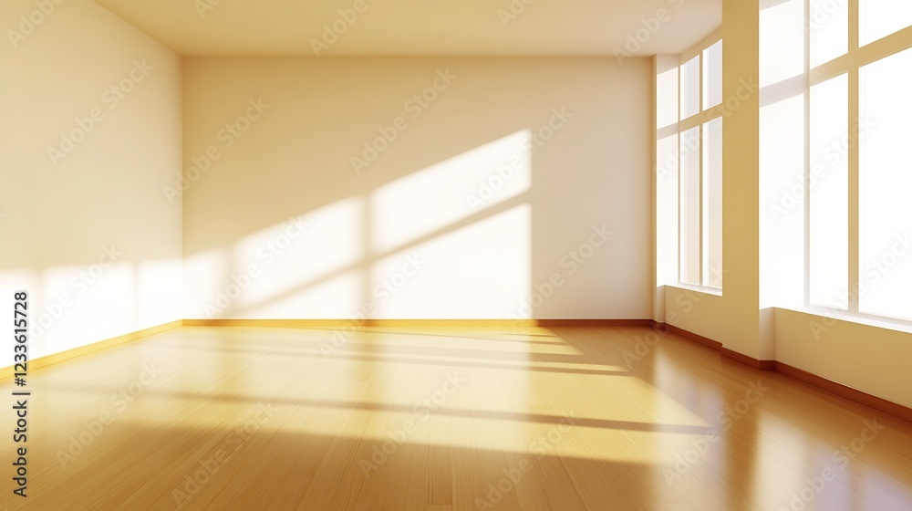 Fototapeta premium Spacious Sunlit Room with Large Floor-to-Ceiling Windows and Wooden Flooring : Generative AI