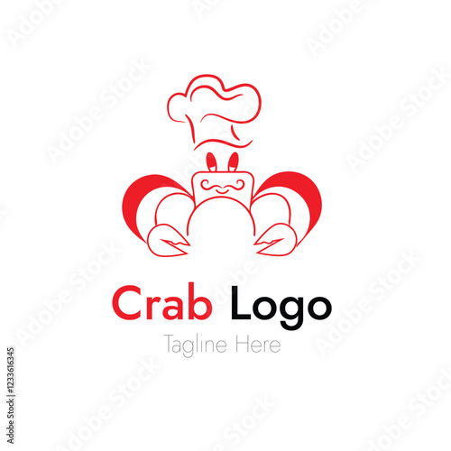 Happy Red Crab, lobster or sea food, restaurent logo vector illustration with dummy text.