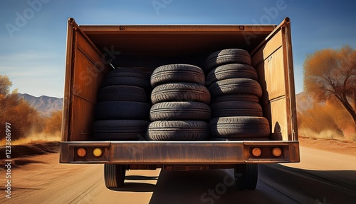 Worn and Weathered Trailer Hauling Tires Leaves Black Rubber Traces and AgeOld Patina, Capturing the Hardworking Spirit of Industrial Landscapes photo