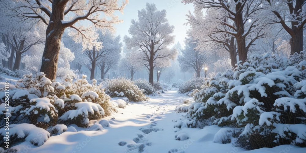 Obraz premium Snow-covered trees and bushes with a winter wonderland scene, snowy backgrounds, snowy landscapes, serene environments