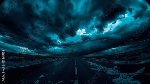 A surreal digital photograph depicting intense dramatic weather, a jet-black virtual reality glitch, pure black deep shadows, stormy skies, and high tension, using a fisheye lens effect and exaggerate
