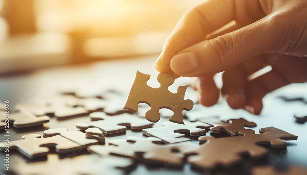 A Hand Carefully Placing A Jigsaw Puzzle Piece A Hand Carefully Placing A Jigsaw Puzzle Piece