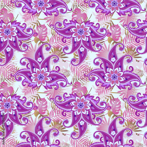 Fantasy seamless pattern with flowers with paisley leaves on the background of tropical leaves