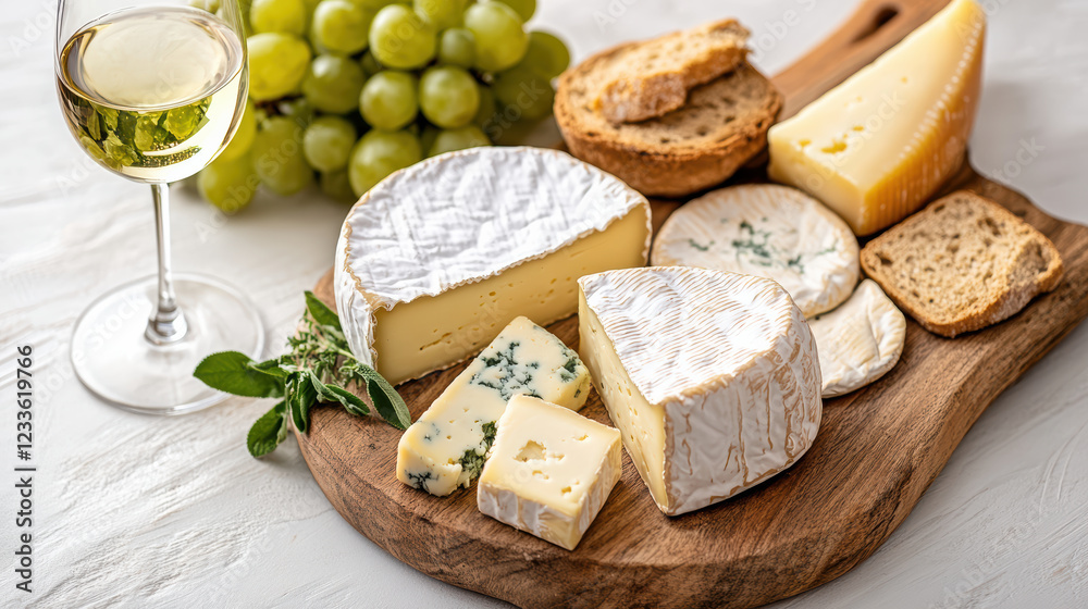 close up of delicious cheese platter with wine, grapes, and bread close up of delicious cheese platter with wine, grapes, and bread