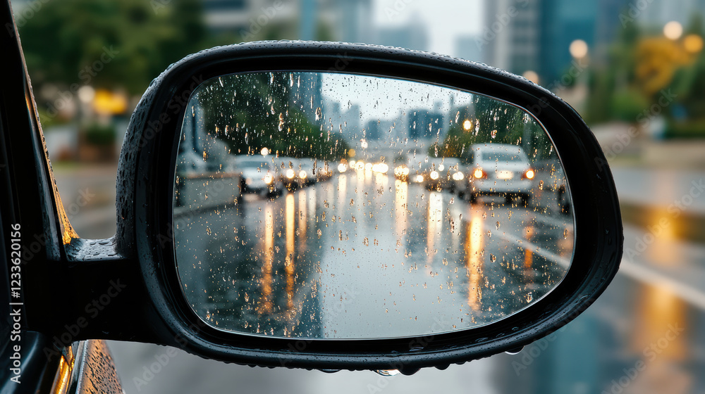 close up of raindrop covered car mirror reflecting city lights and traffic close up of raindrop covered car mirror reflecting city lights and traffic
