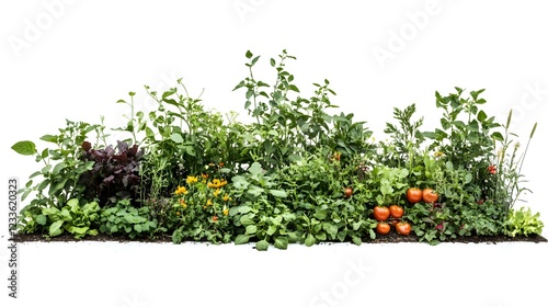 A vibrant permaculture vegetable garden featuring a variety of plants like beans, tomatoes, and herbs growing together sustainably, isolated on a white background
 photo