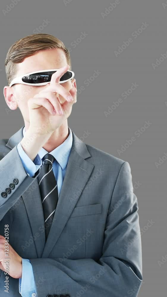 Businessman in virtual video glasses using digital screen Businessman in virtual video glasses using digital screen