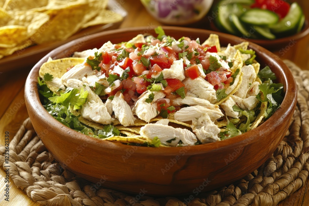 Fresh and Flavorful Chicken Nachos Topped with Salsa and Garnished with Fresh Vegetables from a Rustic Bowl on a Wooden Table Fresh and Flavorful Chicken Nachos Topped with Salsa and Garnished with Fresh Vegetables from a Rustic Bowl on a Wooden Table