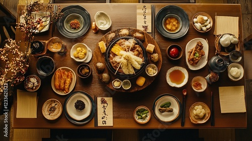 A traditional Japanese dining table with Oden as the centerpiece, surrounded by small plates of pickles and dipping sauces photo