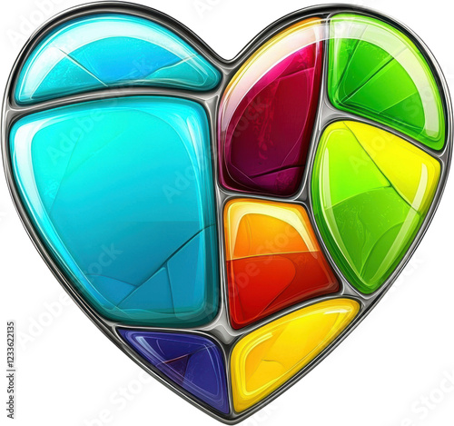 Colorful heart shape design with vibrant geometric patterns and glossy finish